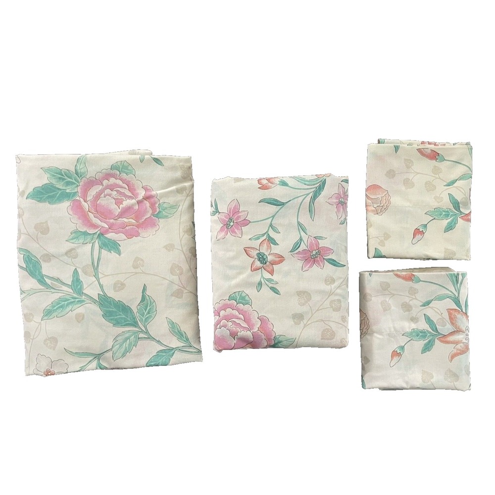 Vintage Lady Pepperell‎ Grandeur Double/Full 4 Pc Sheet Set Coral Green Pink